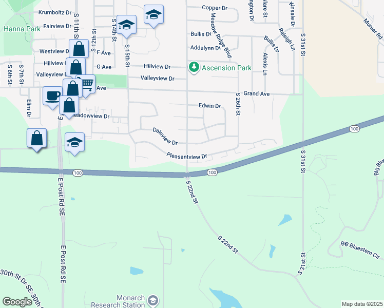 map of restaurants, bars, coffee shops, grocery stores, and more near 2224 Pleasantview Drive in Marion
