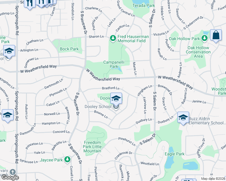 map of restaurants, bars, coffee shops, grocery stores, and more near 1017 Bradford Lane in Schaumburg