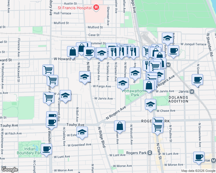 map of restaurants, bars, coffee shops, grocery stores, and more near 7429 North Seeley Avenue in Chicago