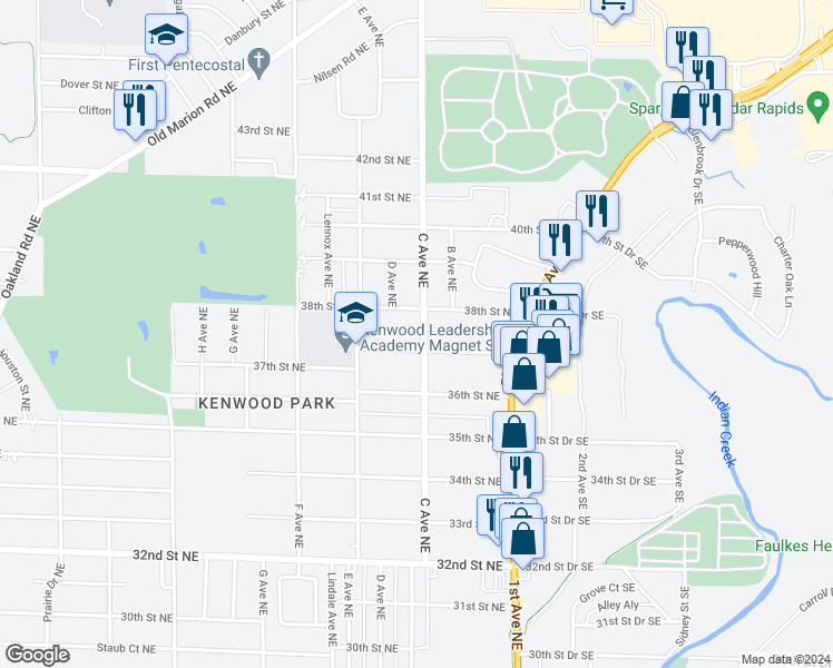 map of restaurants, bars, coffee shops, grocery stores, and more near 3718 C Avenue Northeast in Cedar Rapids