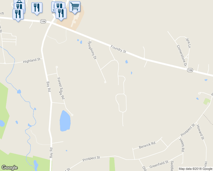 map of restaurants, bars, coffee shops, grocery stores, and more near 46 Symphony Drive in Easton