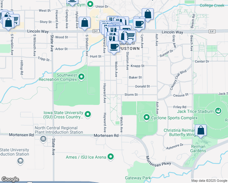 map of restaurants, bars, coffee shops, grocery stores, and more near 2517 Storm Street in Ames