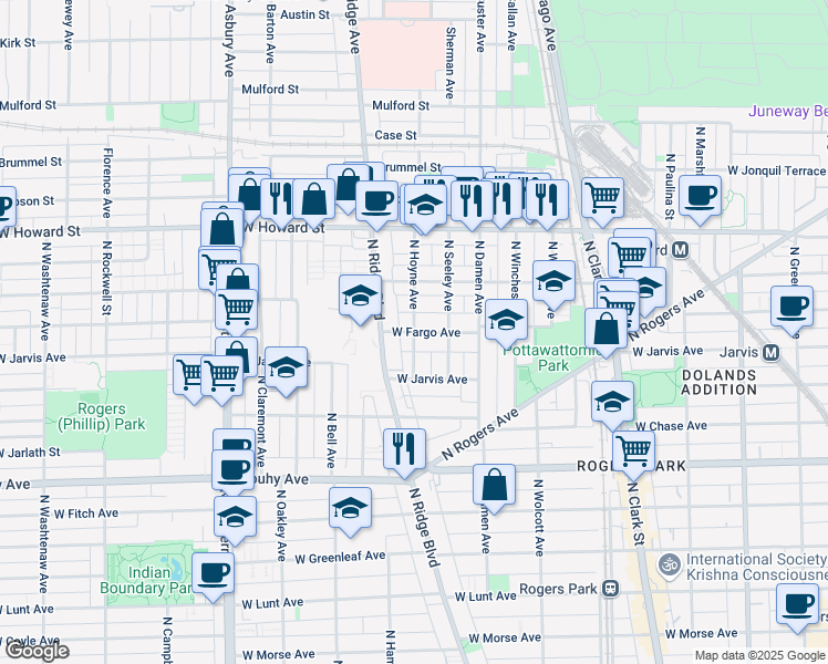 map of restaurants, bars, coffee shops, grocery stores, and more near N Hoyne Ave & W Fargo Ave in Chicago