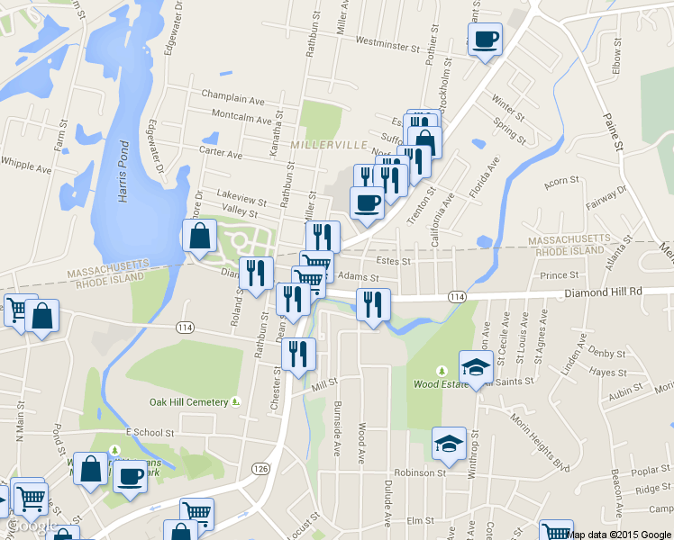 map of restaurants, bars, coffee shops, grocery stores, and more near 160 Adams St in Woonsocket