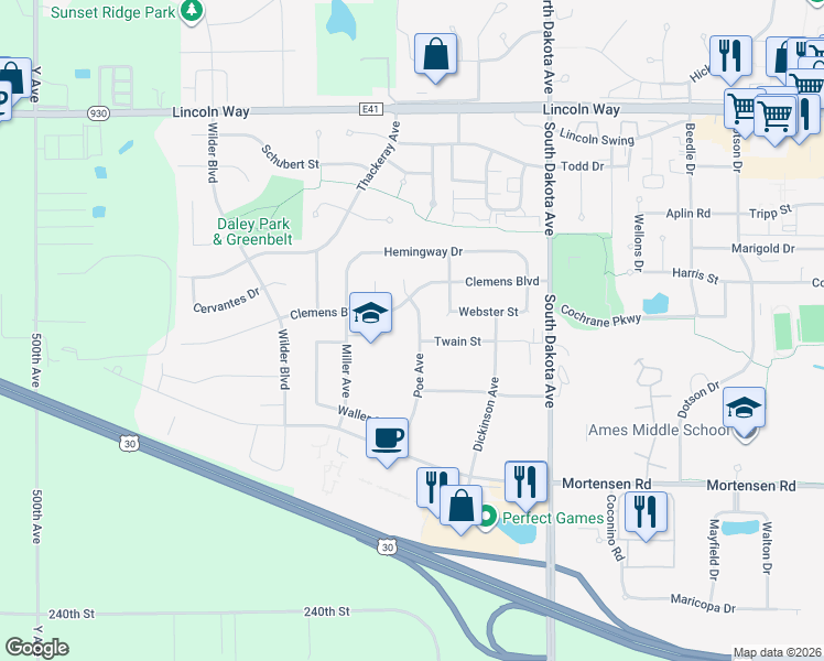 map of restaurants, bars, coffee shops, grocery stores, and more near 705 Poe Avenue in Ames