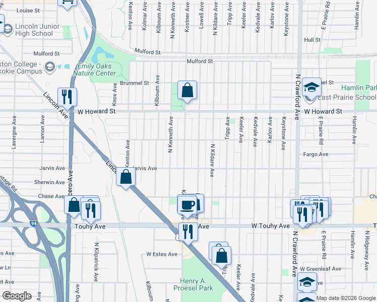 map of restaurants, bars, coffee shops, grocery stores, and more near 7437 North Kostner Avenue in Skokie
