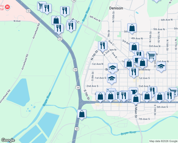 map of restaurants, bars, coffee shops, grocery stores, and more near 721 Broadway in Denison