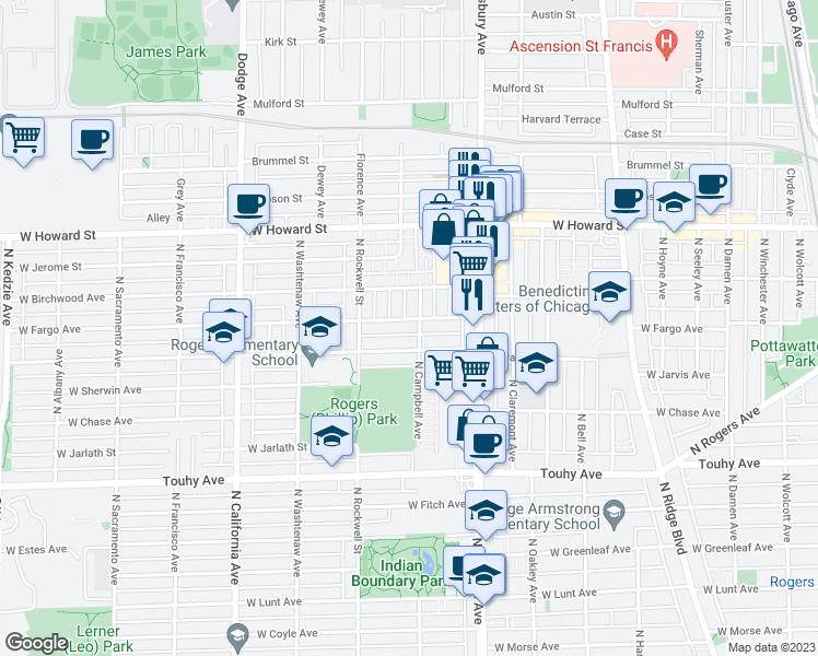 map of restaurants, bars, coffee shops, grocery stores, and more near 2507 West Fargo Avenue in Chicago