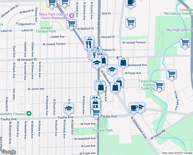 map of restaurants, bars, coffee shops, grocery stores, and more near 7436 North Harlem Avenue in Chicago