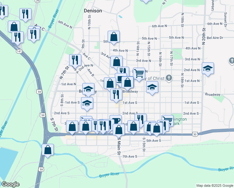 map of restaurants, bars, coffee shops, grocery stores, and more near 1231 Broadway in Denison