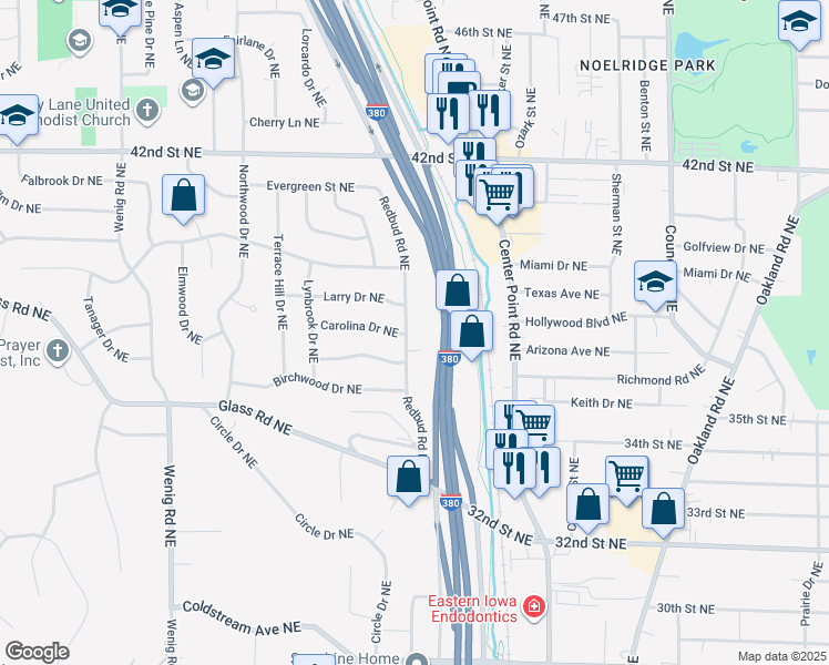 map of restaurants, bars, coffee shops, grocery stores, and more near 3642 Redbud Road Northeast in Cedar Rapids