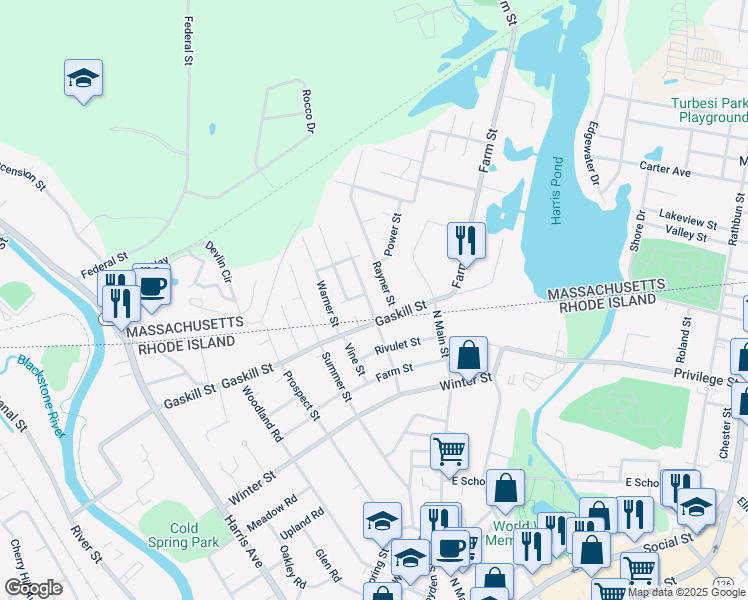 map of restaurants, bars, coffee shops, grocery stores, and more near 12 May Street in Blackstone