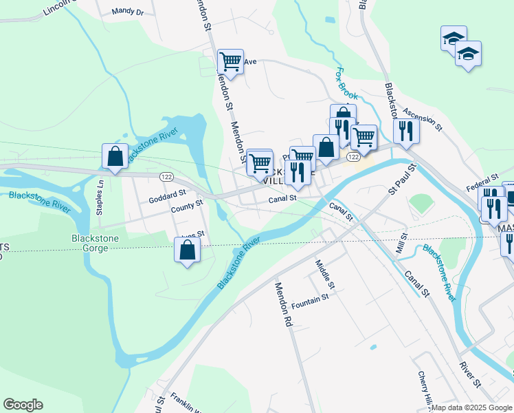 map of restaurants, bars, coffee shops, grocery stores, and more near 118 Canal Street in Blackstone