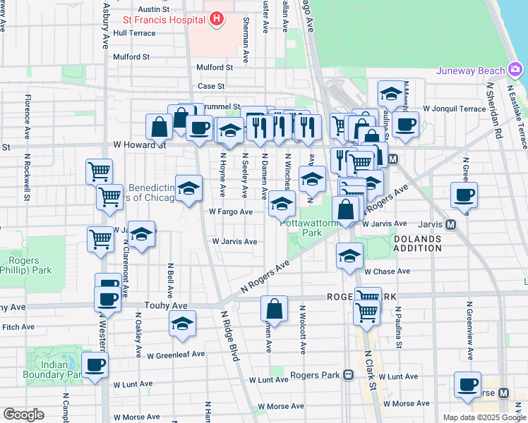 map of restaurants, bars, coffee shops, grocery stores, and more near 2002 West Fargo Avenue in Chicago