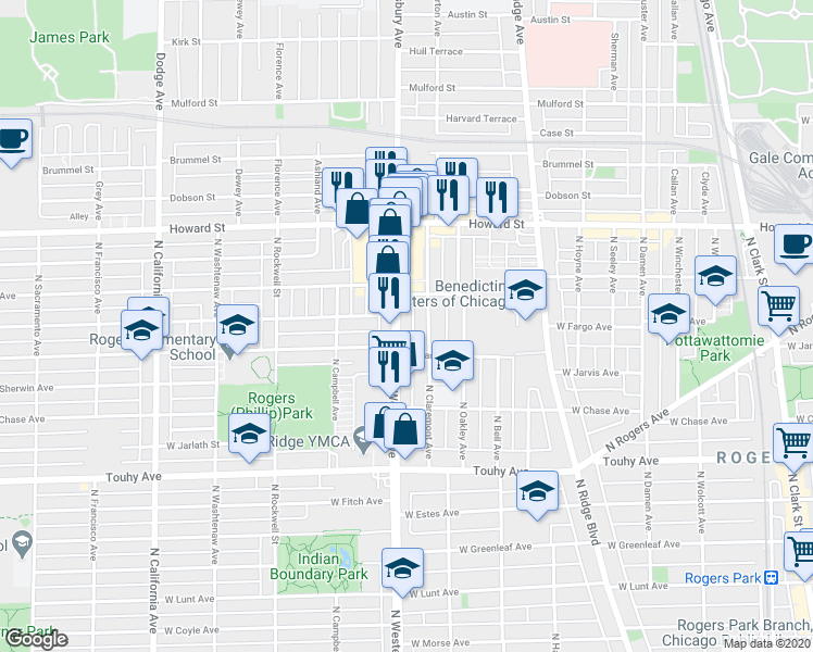 map of restaurants, bars, coffee shops, grocery stores, and more near 7425 North Western Avenue in Chicago