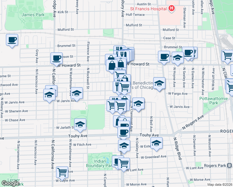map of restaurants, bars, coffee shops, grocery stores, and more near 2433 West Fargo Avenue in Chicago