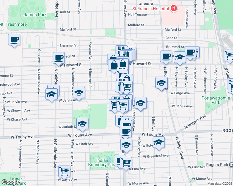 map of restaurants, bars, coffee shops, grocery stores, and more near 2433 West Fargo Avenue in Chicago