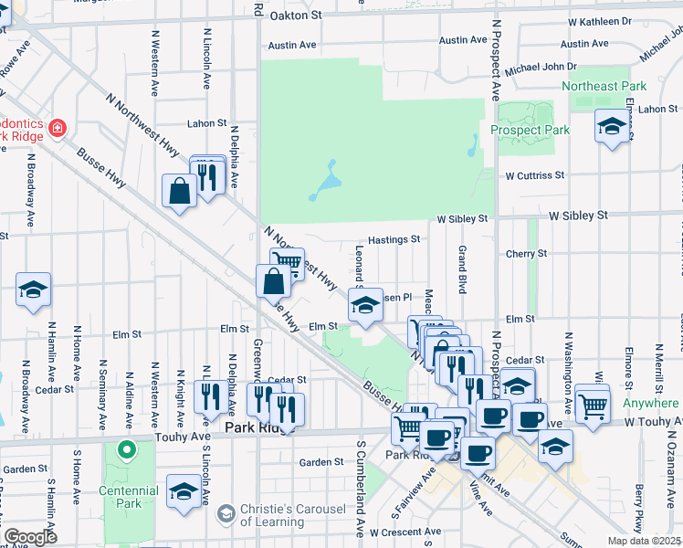 map of restaurants, bars, coffee shops, grocery stores, and more near 421 North Northwest Highway in Park Ridge