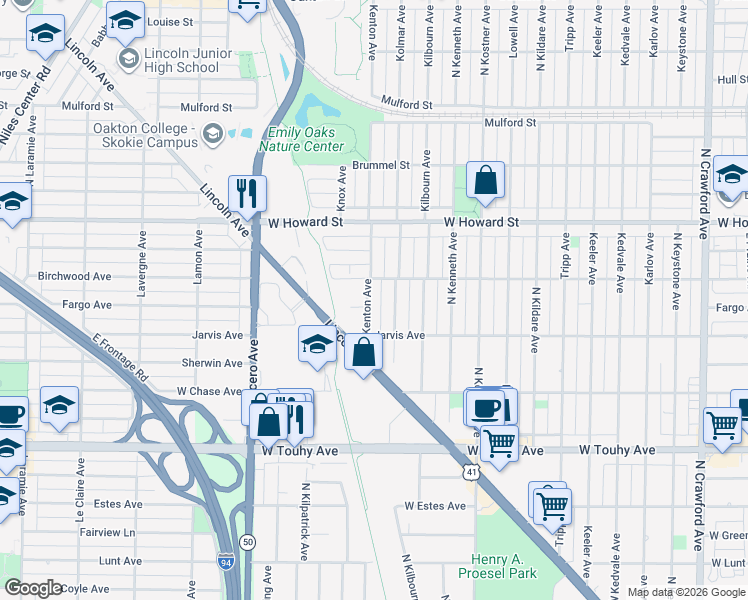 map of restaurants, bars, coffee shops, grocery stores, and more near 7439 Kenton Avenue in Skokie