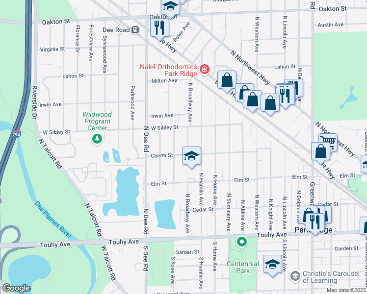 map of restaurants, bars, coffee shops, grocery stores, and more near 510 North Broadway Avenue in Park Ridge
