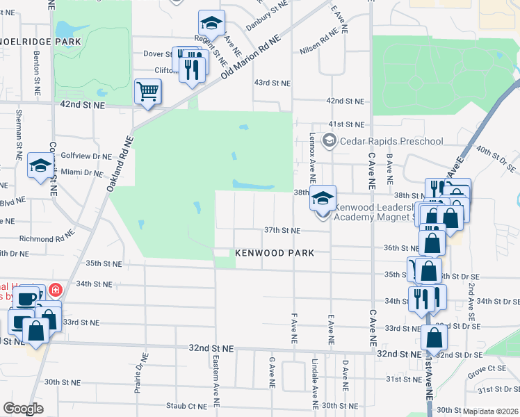 map of restaurants, bars, coffee shops, grocery stores, and more near 3729 G Avenue Northeast in Cedar Rapids