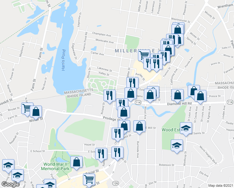 map of restaurants, bars, coffee shops, grocery stores, and more near 563 Rathbun Street in Woonsocket
