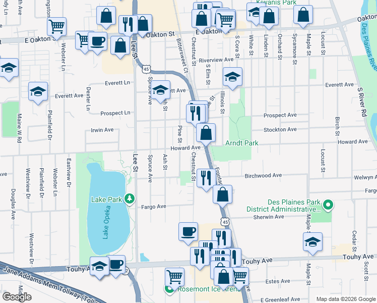 map of restaurants, bars, coffee shops, grocery stores, and more near 1371 Howard Avenue in Des Plaines