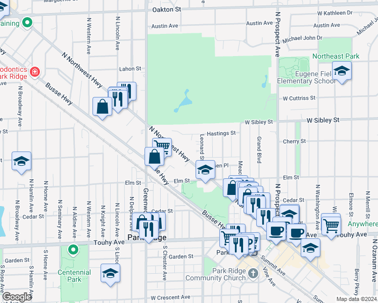map of restaurants, bars, coffee shops, grocery stores, and more near 421 North Northwest Highway in Park Ridge
