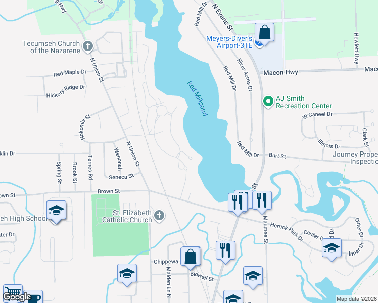 map of restaurants, bars, coffee shops, grocery stores, and more near Red Mill Point in Tecumseh