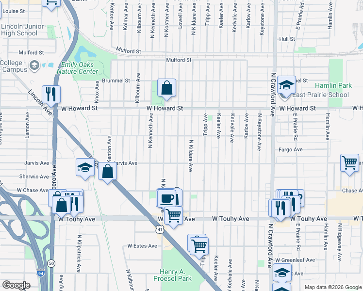 map of restaurants, bars, coffee shops, grocery stores, and more near 7441 Lowell Ave in Skokie
