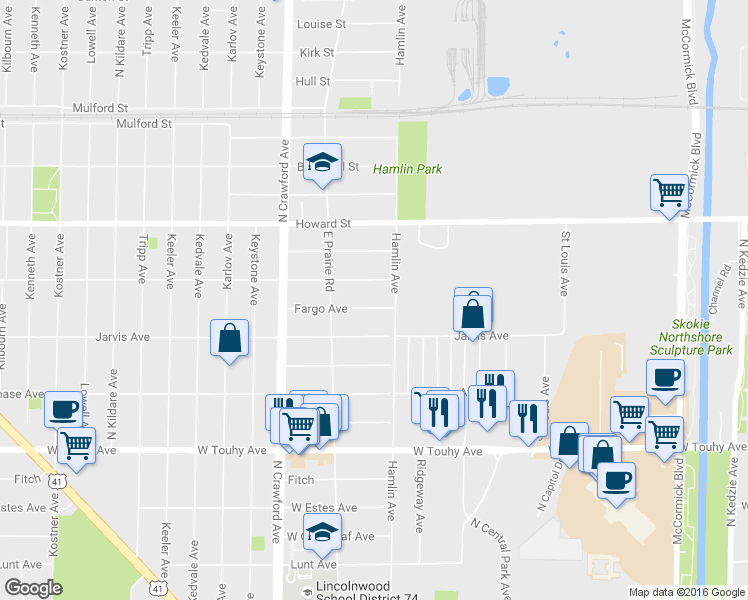 map of restaurants, bars, coffee shops, grocery stores, and more near 3822 Fargo Ave in Skokie