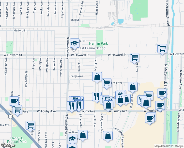 map of restaurants, bars, coffee shops, grocery stores, and more near 3822 Fargo Avenue in Skokie