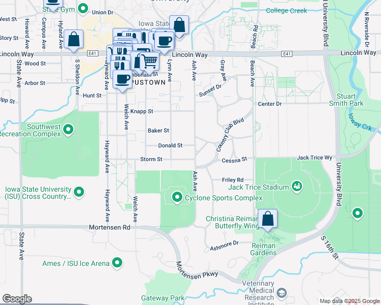 map of restaurants, bars, coffee shops, grocery stores, and more near 611 Ash Avenue in Ames