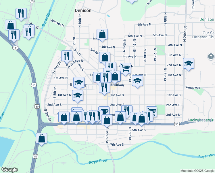 map of restaurants, bars, coffee shops, grocery stores, and more near 18 South Main Street in Denison