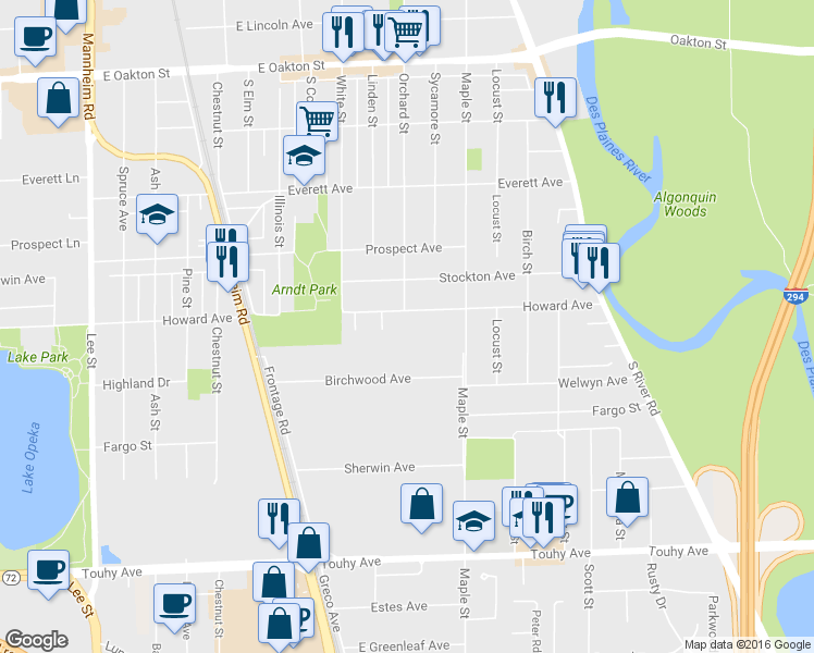 map of restaurants, bars, coffee shops, grocery stores, and more near 1715 Howard Avenue in Des Plaines