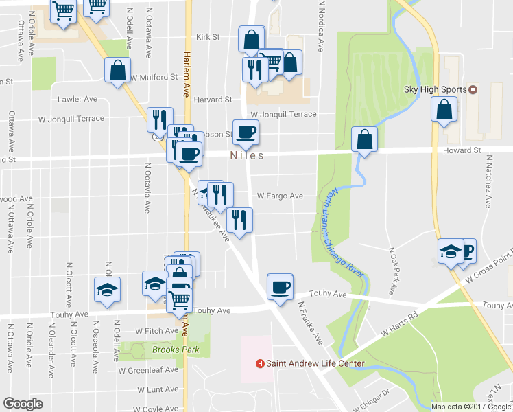 map of restaurants, bars, coffee shops, grocery stores, and more near 7449 North Waukegan Road in Niles