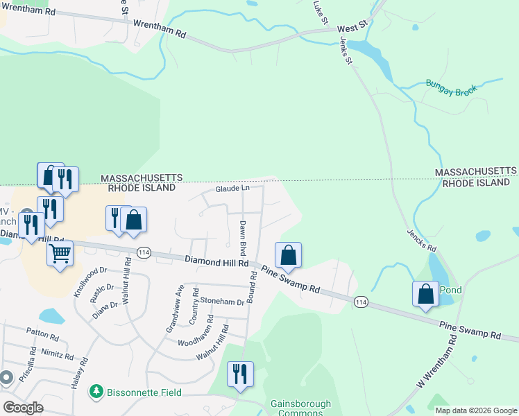 map of restaurants, bars, coffee shops, grocery stores, and more near 648 Bound Rd in Woonsocket