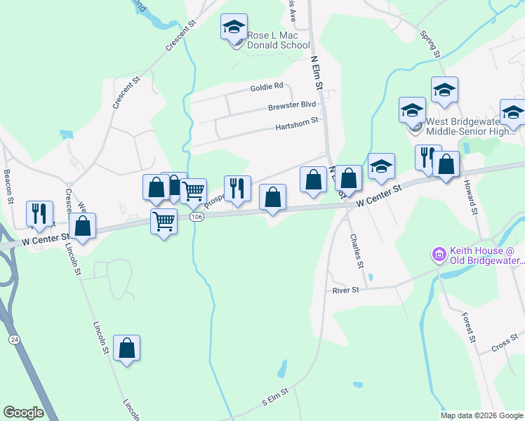 map of restaurants, bars, coffee shops, grocery stores, and more near 315 Massachusetts 106 in West Bridgewater
