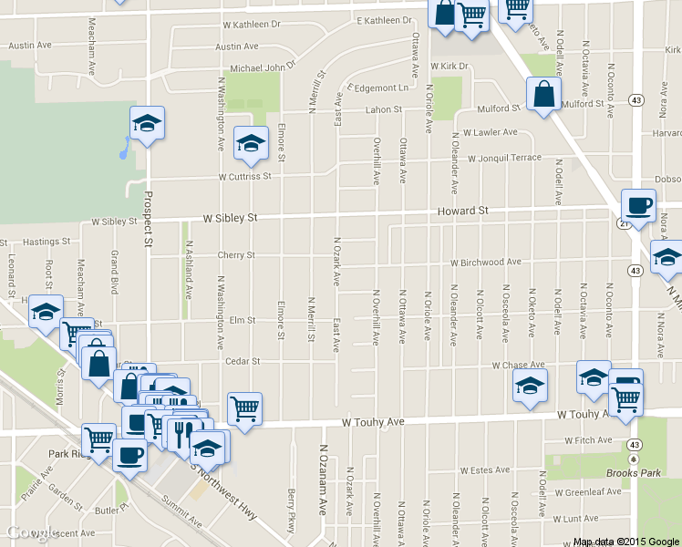 map of restaurants, bars, coffee shops, grocery stores, and more near 7743 West Birchwood Avenue in Chicago