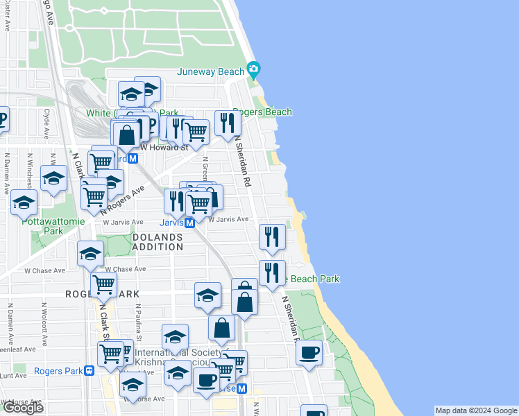 map of restaurants, bars, coffee shops, grocery stores, and more near 7415 North Sheridan Road in Chicago