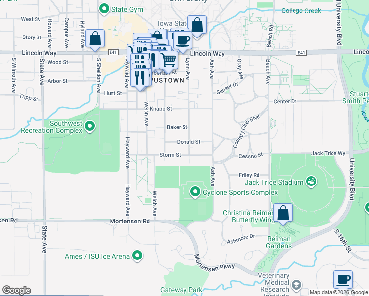 map of restaurants, bars, coffee shops, grocery stores, and more near 611 Lynn Avenue in Ames