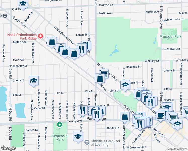 map of restaurants, bars, coffee shops, grocery stores, and more near 510 North Greenwood Avenue in Park Ridge