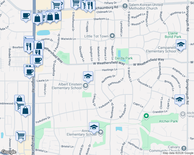 map of restaurants, bars, coffee shops, grocery stores, and more near 8159 Carlisle Drive in Hanover Park