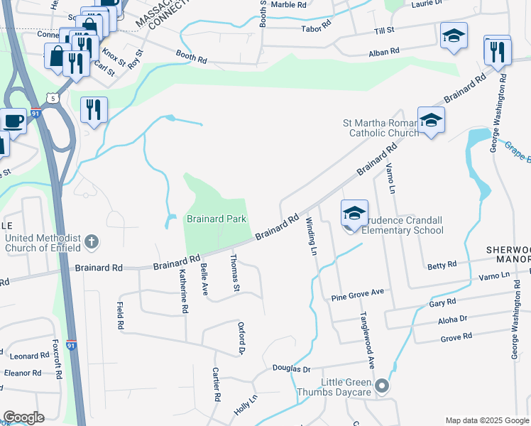 map of restaurants, bars, coffee shops, grocery stores, and more near 159 Brainard Road in Enfield