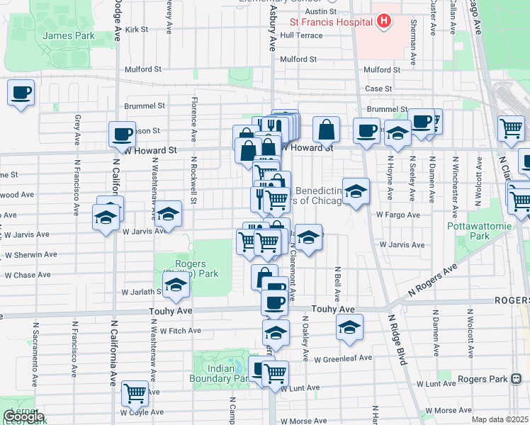 map of restaurants, bars, coffee shops, grocery stores, and more near 7425 North Western Avenue in Chicago