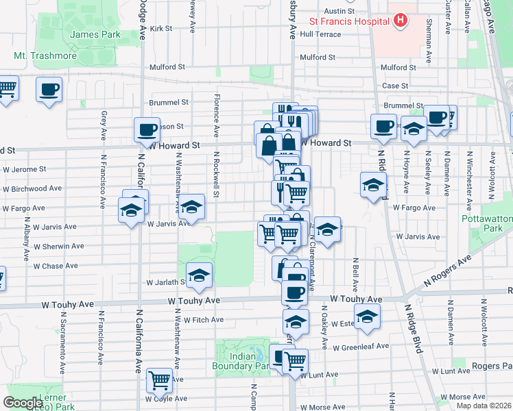 map of restaurants, bars, coffee shops, grocery stores, and more near 2507 West Fargo Avenue in Chicago