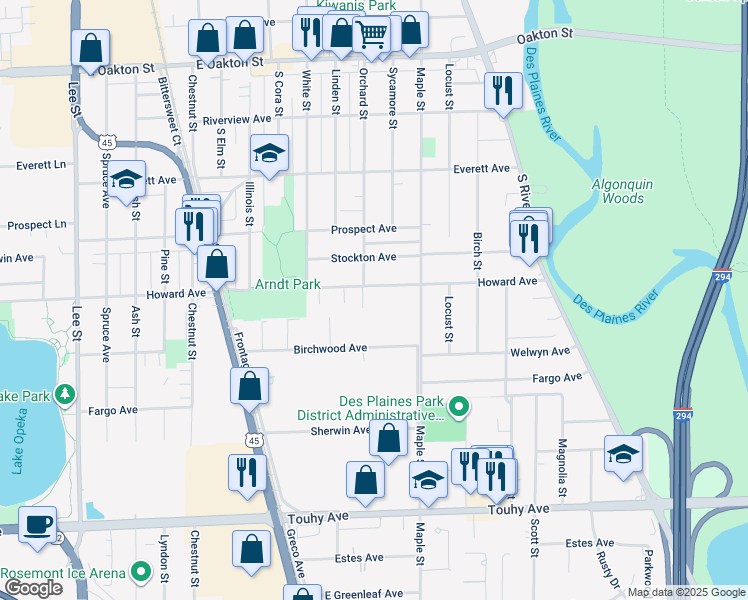 map of restaurants, bars, coffee shops, grocery stores, and more near 1715 Howard Avenue in Des Plaines