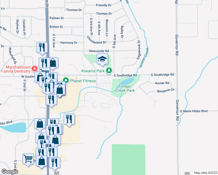 map of restaurants, bars, coffee shops, grocery stores, and more near 403 Melody Lane in Marshalltown