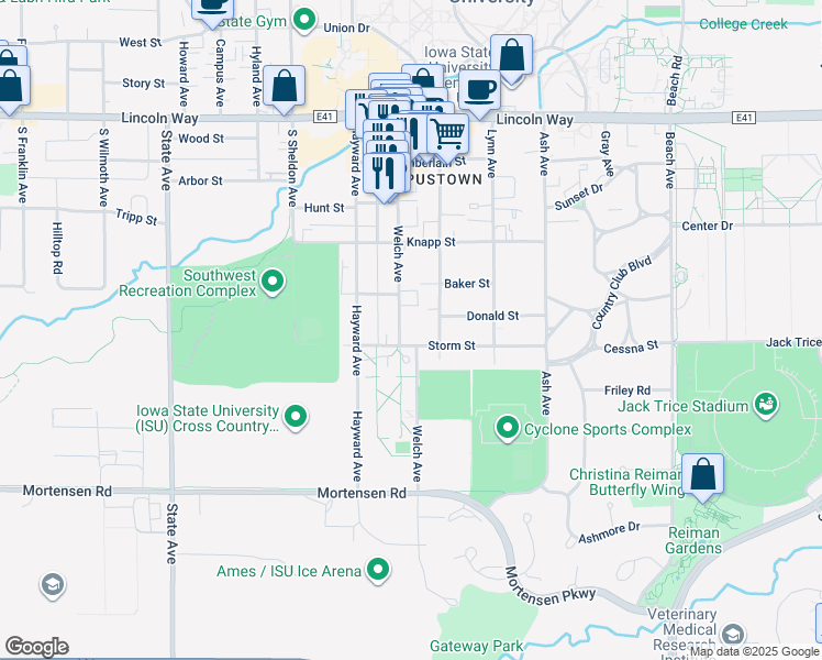 map of restaurants, bars, coffee shops, grocery stores, and more near 530 Welch Avenue in Ames