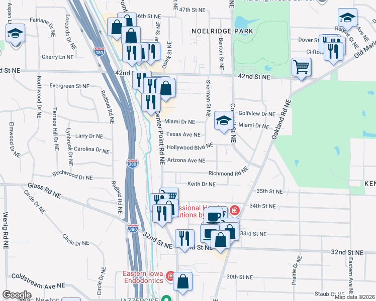 map of restaurants, bars, coffee shops, grocery stores, and more near 1639 Hollywood Boulevard Northeast in Cedar Rapids